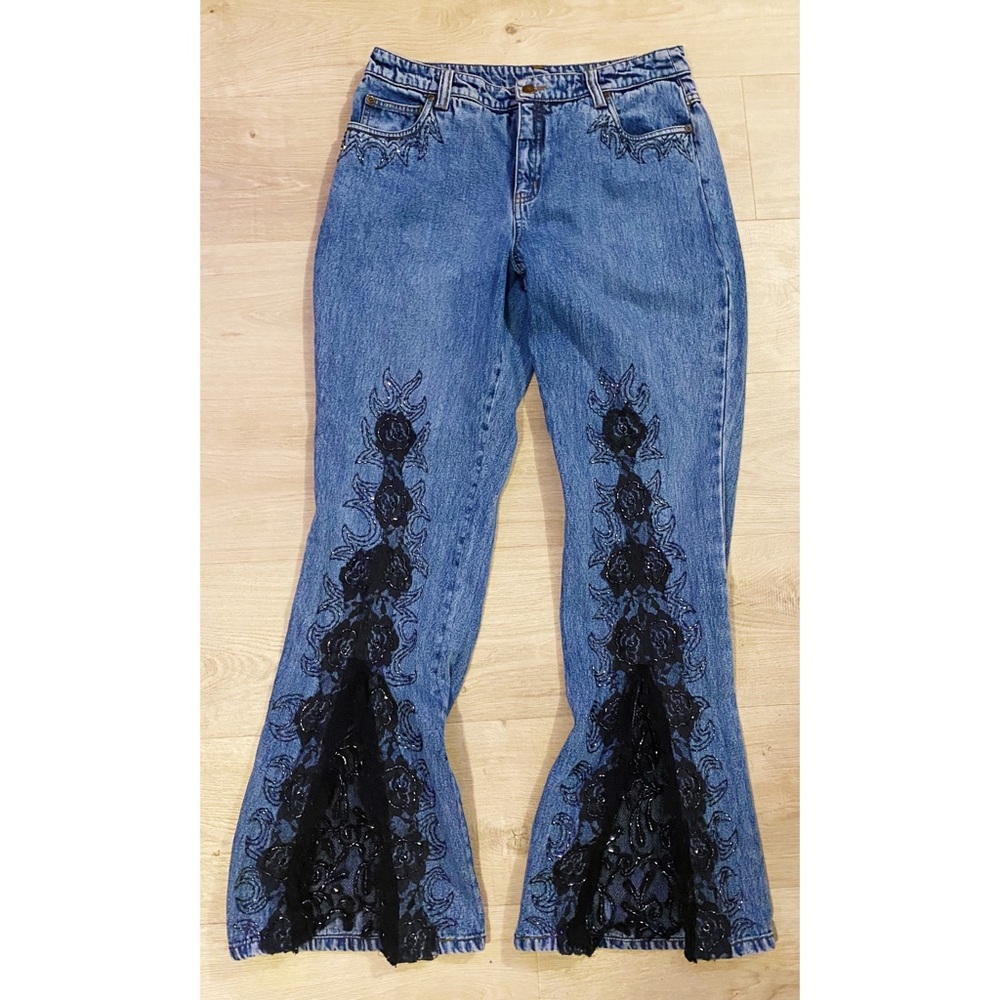 Whimsigoth Lace Flare Beaded Jeans